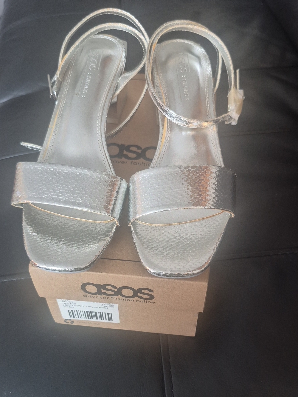 ASOS Silver Metallic Textured Block Heel Sandals